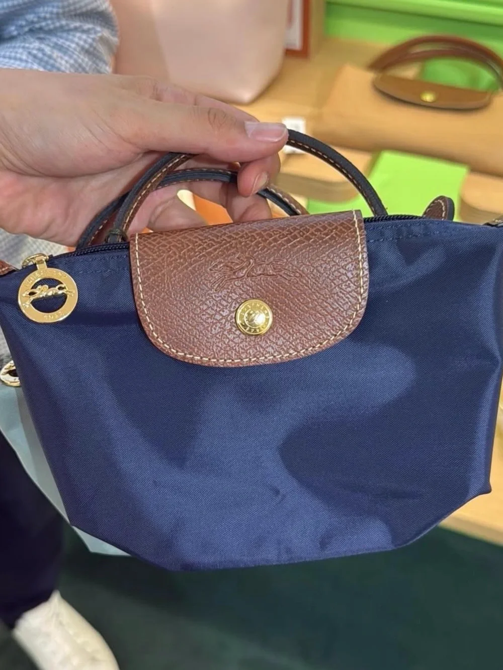 Longchamp mini Navy and Brown Crossbody Le Pliage